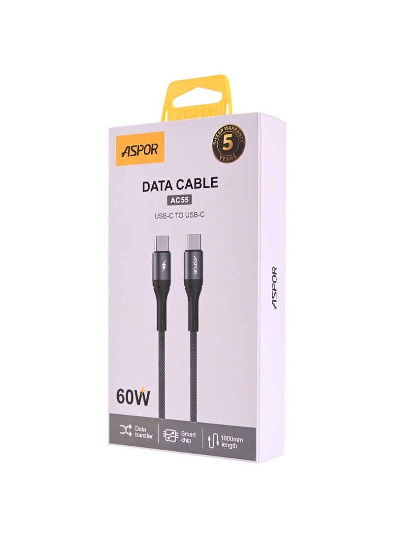 أسبور كيبل جوال ASPOR AC55 USB-C إلى USB-C بقوة 60 واط وطول 1 متر - Image 2